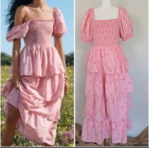 LoveShackFancy Pink Floral Tiered Maxi DressSmocked Tiered L